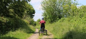 Ein Mann fährt mit dem Scoobo durch den Wald
